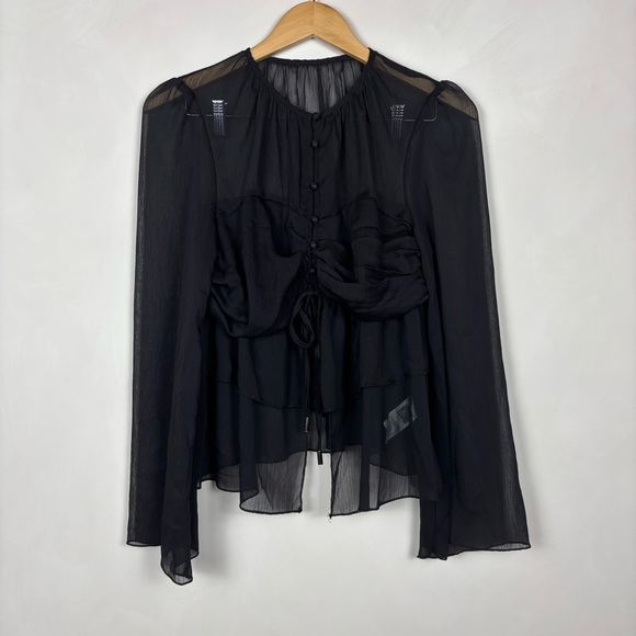 AiiRZ Black Sheer Tiered Blouse Fluted Sleeves L Goth Witchy Whimsigoth - Picture 1 of 11
